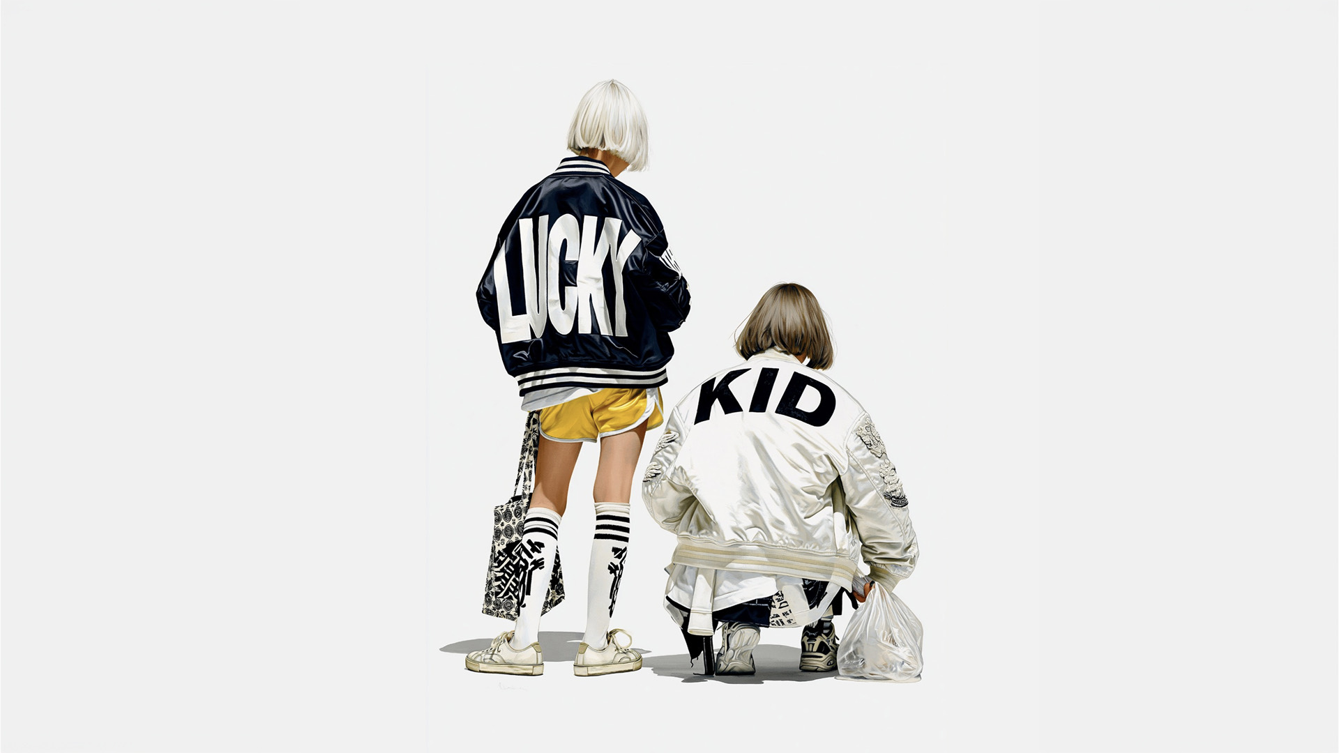 Ilustración de dos chicos de espaldas con camperas que dicen “Lucky” y “Kid”.